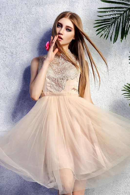 Elegant Prom Lace Stand Collar Embroidery Chiffon Dress