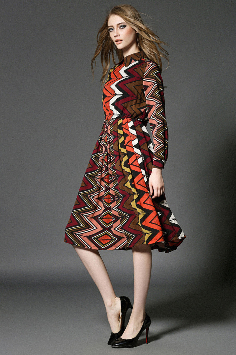 Wave Pattern Lapel Neck Flared Dress - NJOYDRESS - 2