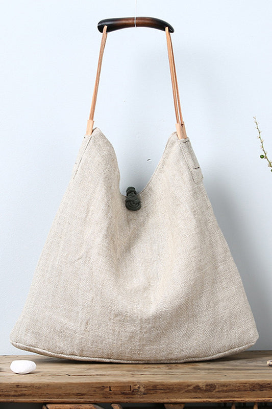 Wood Handle Linen Tote Bag