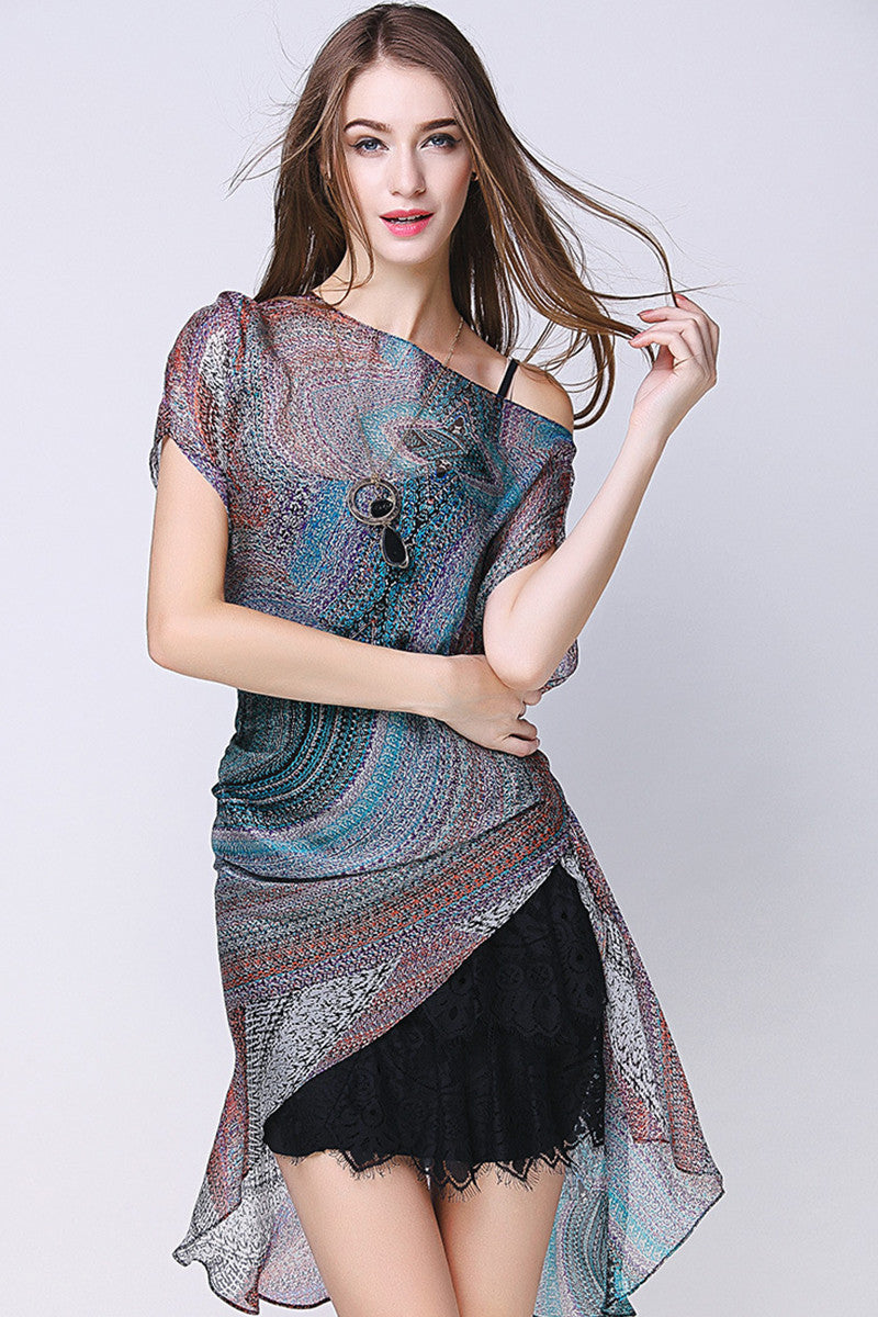 Sheer Printing One Shoulder Slash Short Dress