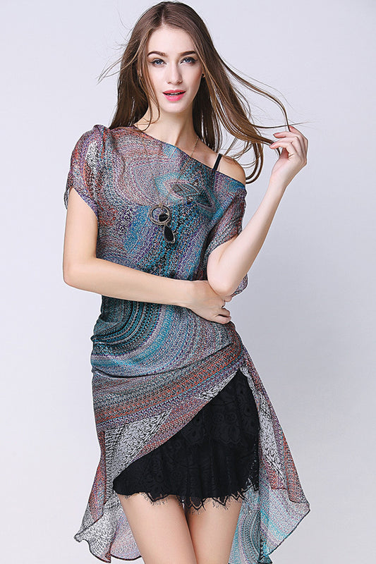 Sheer Printing One Shoulder Slash Short Dress