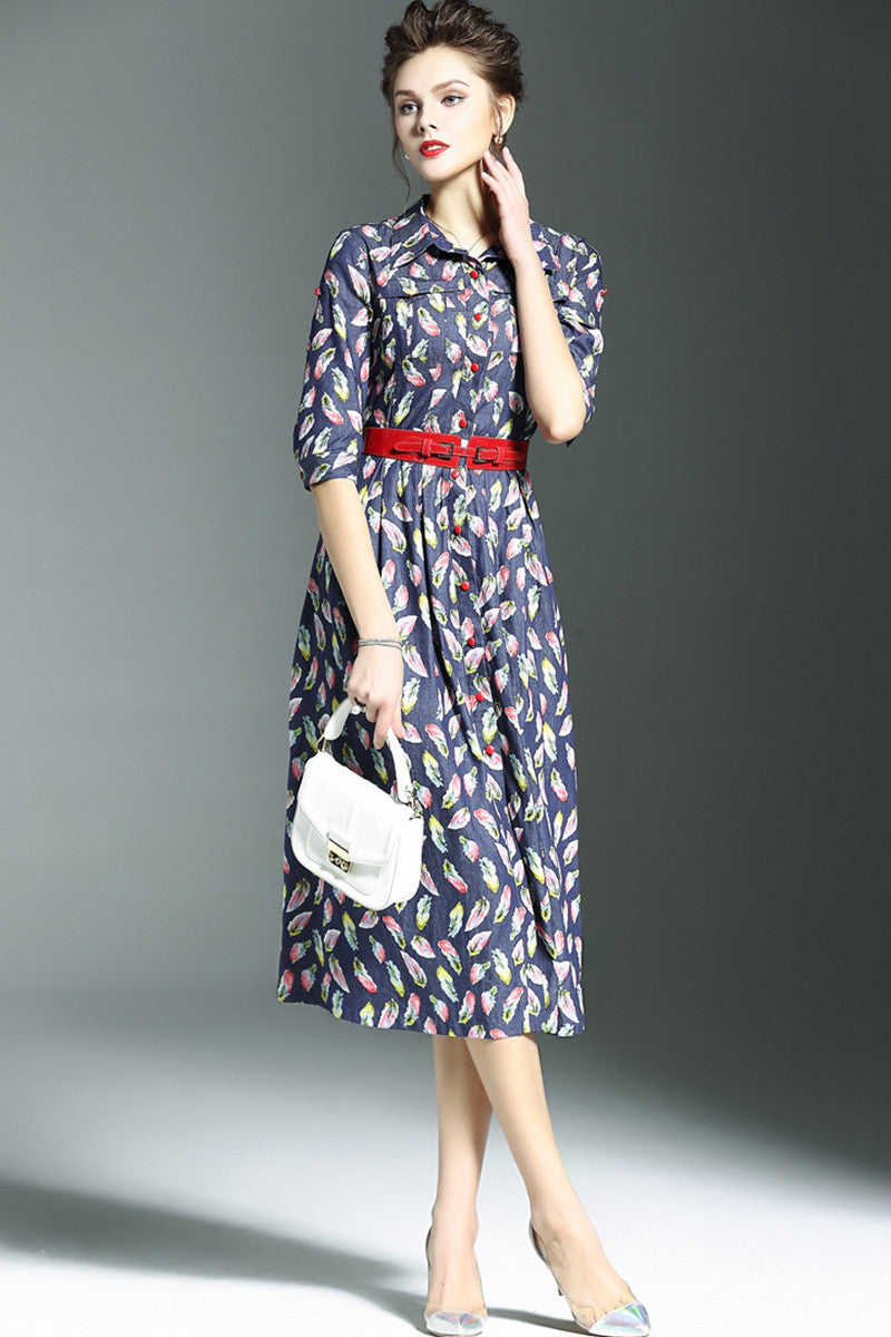 Lapel Slim Plum Printed Midi Casual Dress