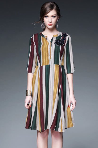 V Neck Scoop Color Vertical Stripe Sequin Patch Dress - NJOYDRESS - 1