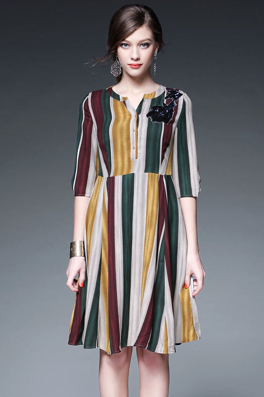 V Neck Scoop Color Vertical Stripe Sequin Patch Dress - NJOYDRESS - 1