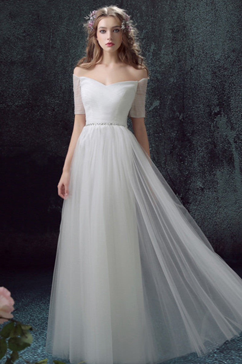 Off Shoulder Sweetheart Bodice Beaded Tulle Maxi Evening Dress