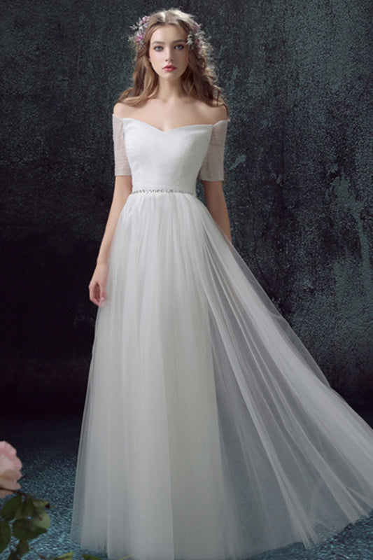 Off Shoulder Sweetheart Bodice Beaded Tulle Maxi Evening Dress