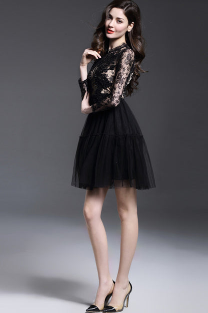 Elegant Sheer Mesh Lace Embroidery Little Black Skirt