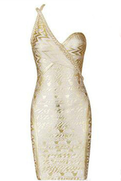 [50% OFF TILL 8 APR] Gold Foil Print Illusion One Shoulder Short Party Dress