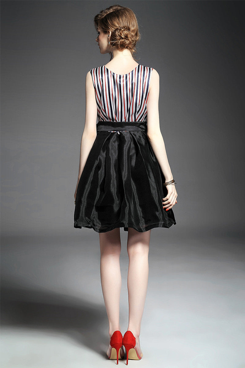 Women's Slime Stripe Fit And Flare Dress Casual Sleeveless Skirt With Belt - NJOYDRESS - 3