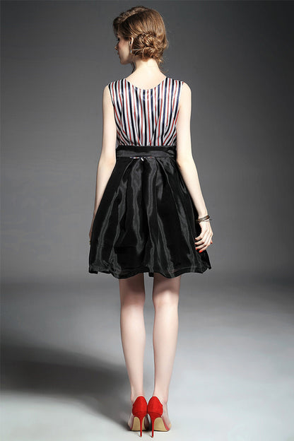 Women's Slime Stripe Fit And Flare Dress Casual Sleeveless Skirt With Belt - NJOYDRESS - 3
