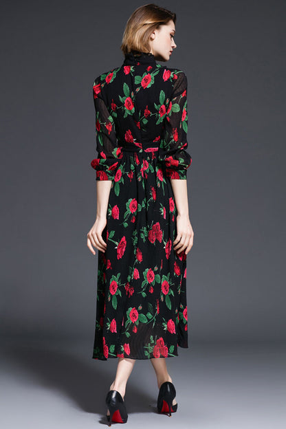 Bowknot Lacing Neck Roses Printing Swing Dress - NJOYDRESS - 3