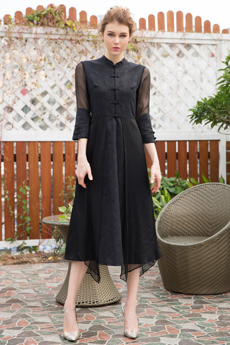 Stand Collar Sheer Sleeve  Chi-Pao Button Retro Swing Dress