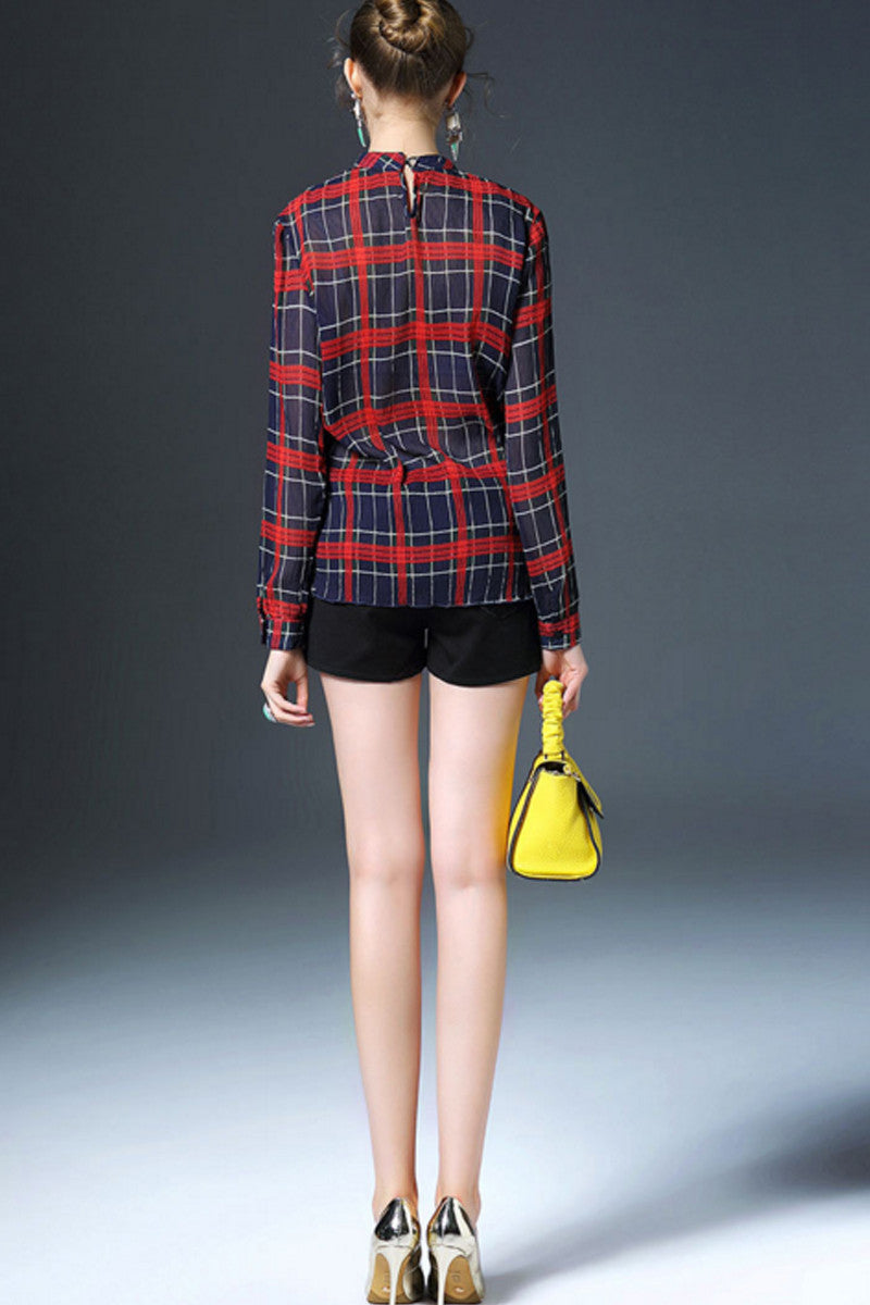 Big Check With Ruffle Mock Neck Blouse - NJOYDRESS - 3