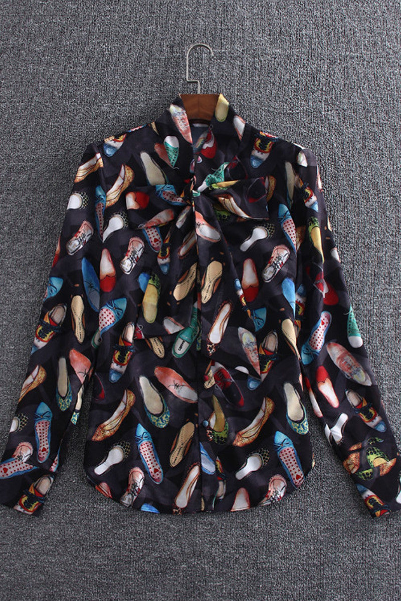 Mock Neck with Blow Tie High-heeled Shoes Printted Shirts - NJOYDRESS - 1