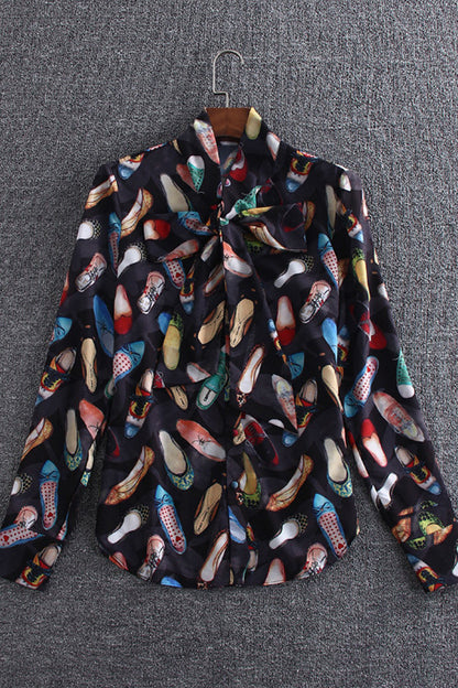 Mock Neck with Blow Tie High-heeled Shoes Printted Shirts - NJOYDRESS - 1
