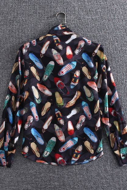 Mock Neck with Blow Tie High-heeled Shoes Printted Shirts - NJOYDRESS - 2