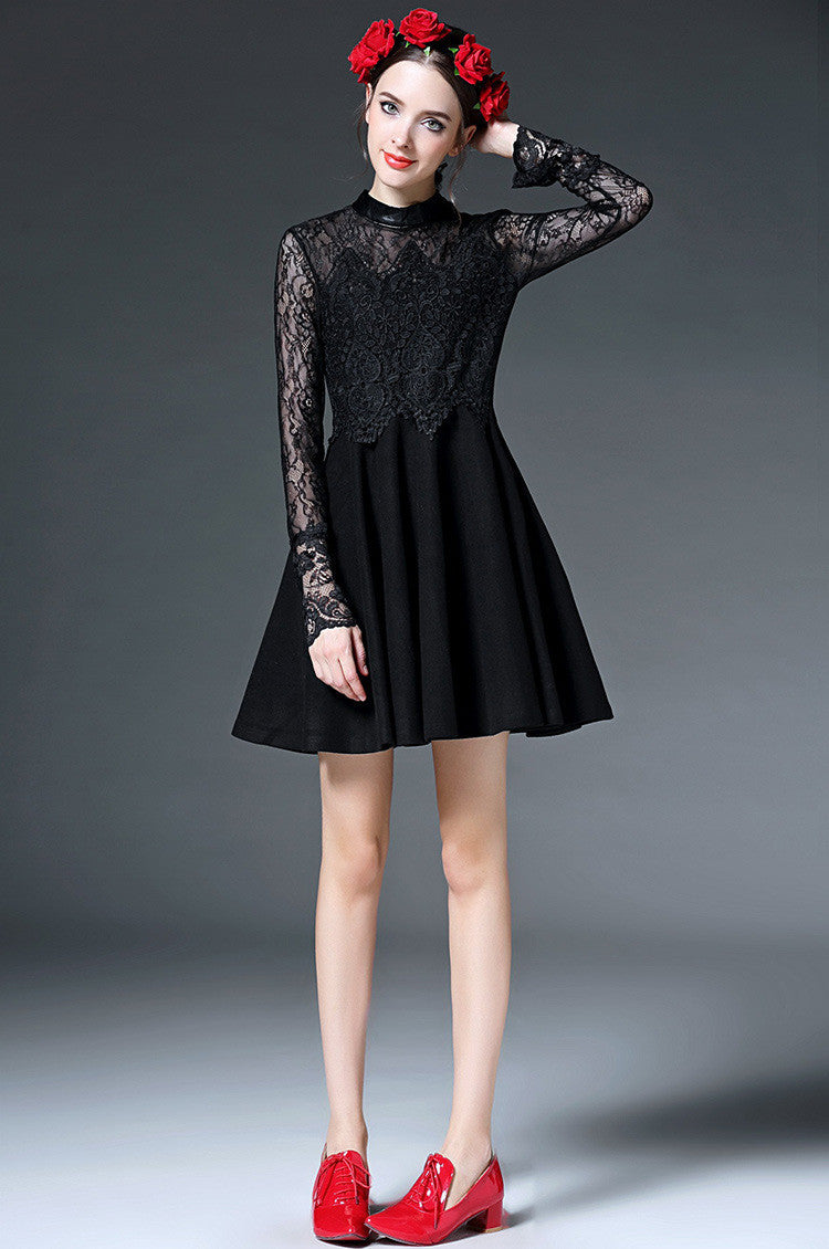 Little High Neck See Through Lace Patch Mini Dress - NJOYDRESS - 5