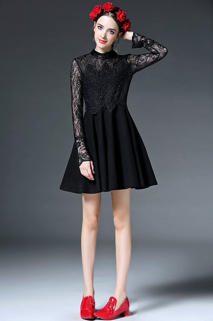 Little High Neck See Through Lace Patch Mini Dress - NJOYDRESS - 5
