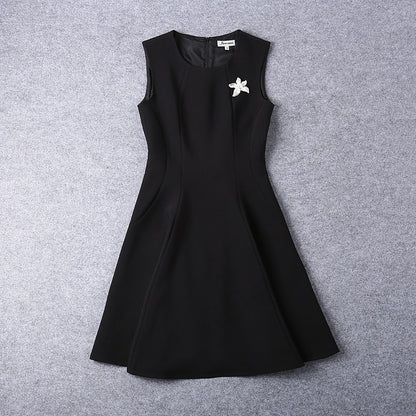 Round Collar Sleeveless Flare Dress With Brooch - NJOYDRESS - 4