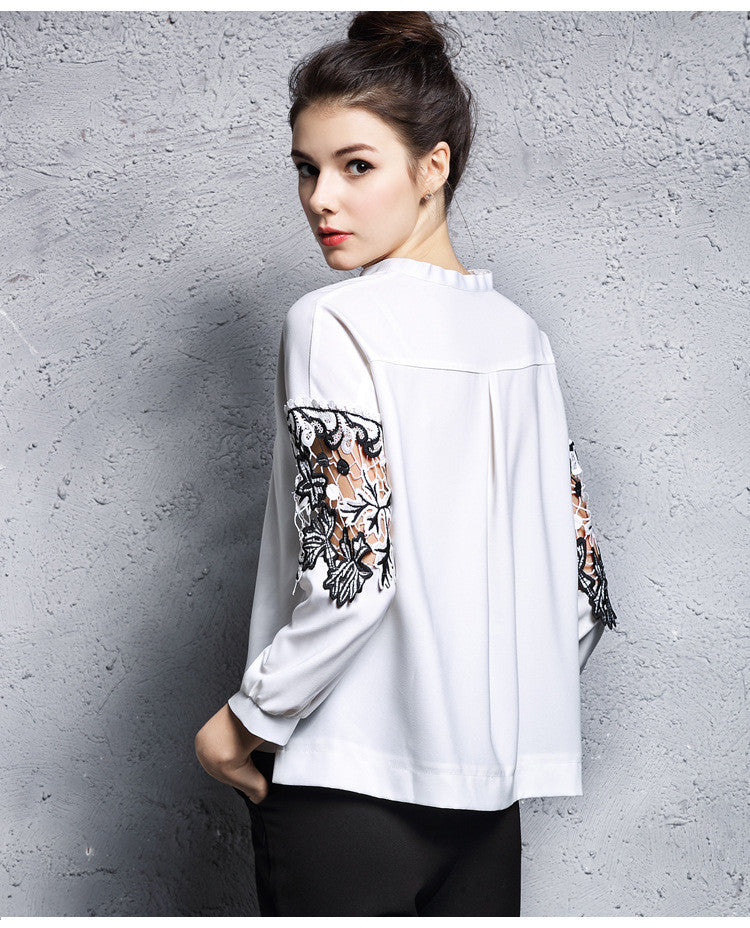 Round Collar Lace  Hollow Cut  Sleeve Short Front Long Back  Loose  Top - NJOYDRESS - 2