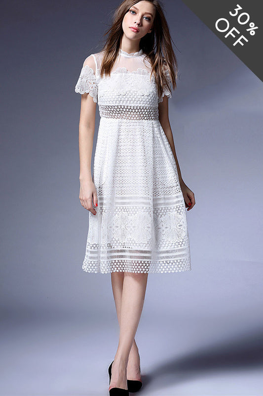 [30% OFF TILL 7 APR] Mock Neck Stripe Lace-Paneled Casual Midi Dress