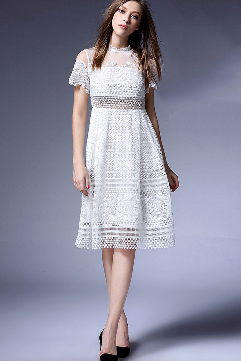 [30% OFF TILL 7 APR] Mock Neck Stripe Lace-Paneled Casual Midi Dress