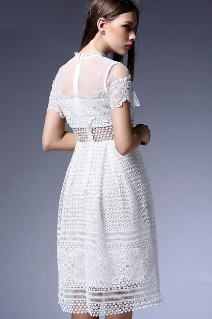 [30% OFF TILL 7 APR] Mock Neck Stripe Lace-Paneled Casual Midi Dress