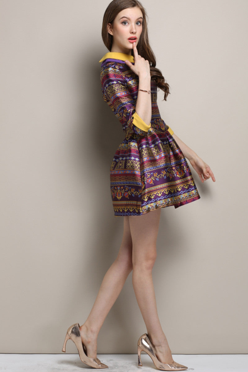 Women's Casual Printing Graffiti Vintage 3/4 Sleeve Polo Neck Casual Dress