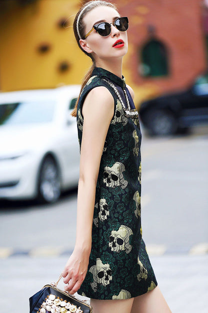 Stand Collar Sequin Skull Pattern Slant Pocket Slim Dress