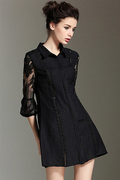 Linen Blending Lace Trim Decoration Button Down Shirts