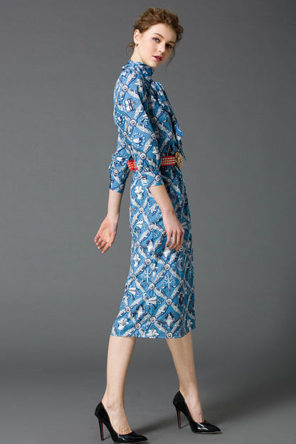 women's elegant casual print and floral stand collar 3/4 sleeve midi dress