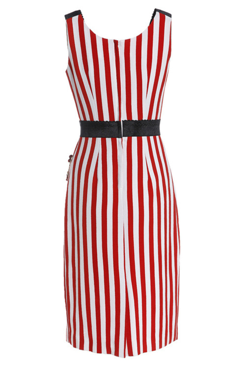 CASUAL VERTICAL STRIPE EMBROIDERY SLIM SLEEVELESS ROUND NECK DRESS