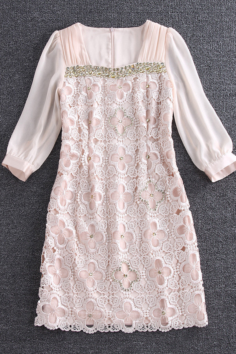 3/4 Sleeve Floral Lace With One Line Multi Beaded Decoration Short Dress