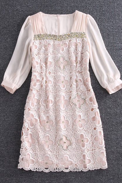 3/4 Sleeve Floral Lace With One Line Multi Beaded Decoration Short Dress