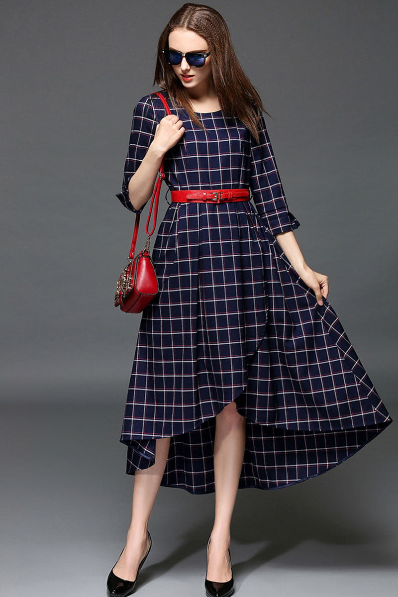 WOMEN'S CASUAL ROUND NECK PLAID 3/4 SLEEVE MIDI VOCATION DRESS