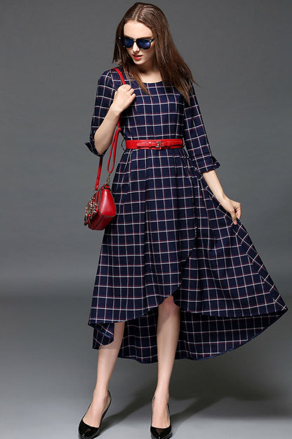 WOMEN'S CASUAL ROUND NECK PLAID 3/4 SLEEVE MIDI VOCATION DRESS