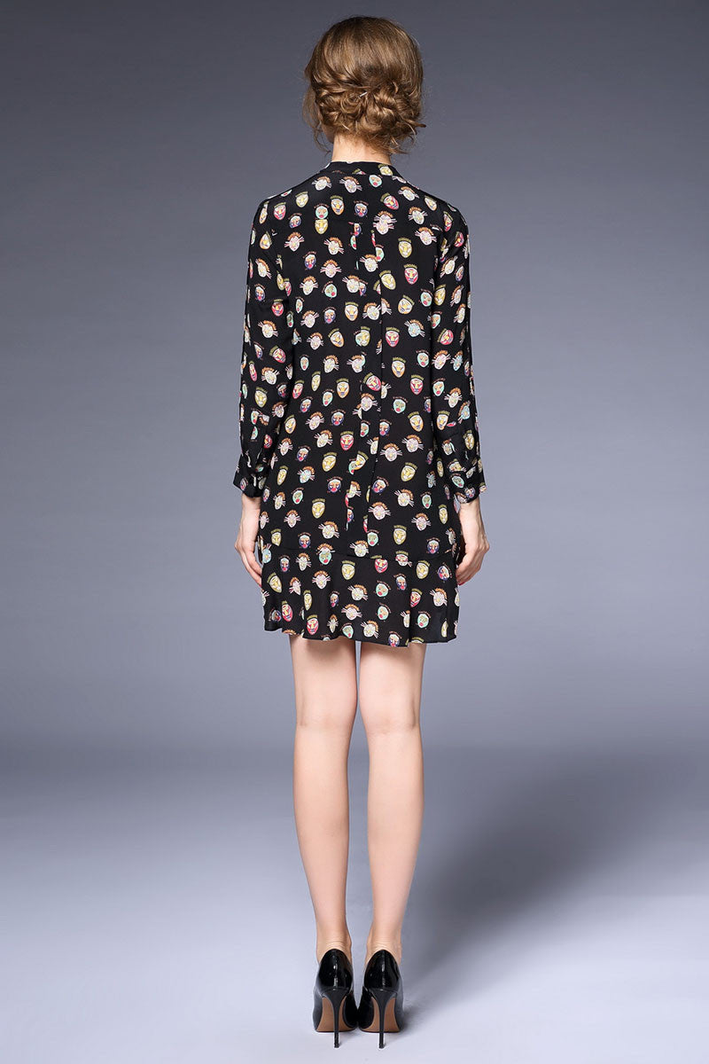 Round Collar Cartoon Pattern Pleat  Loose Dress - NJOYDRESS - 3