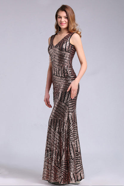 Deep V Neck Bling Sequin See Through Mesh Back Slim Stretch Maxi Dress