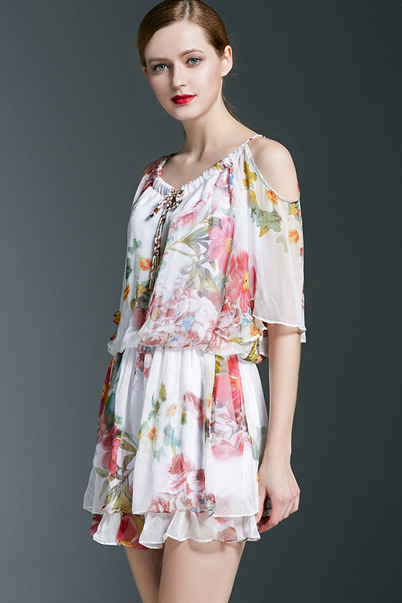 Round Collar Open Sleeve Floral Print  Elastic Waist Runched Hot Dress