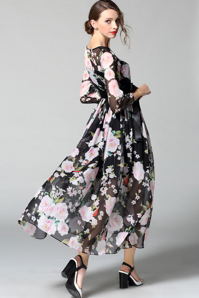 Floral Printting Maxi Dress With Belt - NJOYDRESS - 2