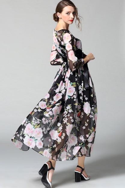 Floral Printting Maxi Dress With Belt - NJOYDRESS - 2