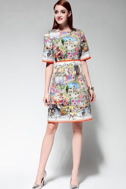Multi Printing Round Neck Casual Short Dress