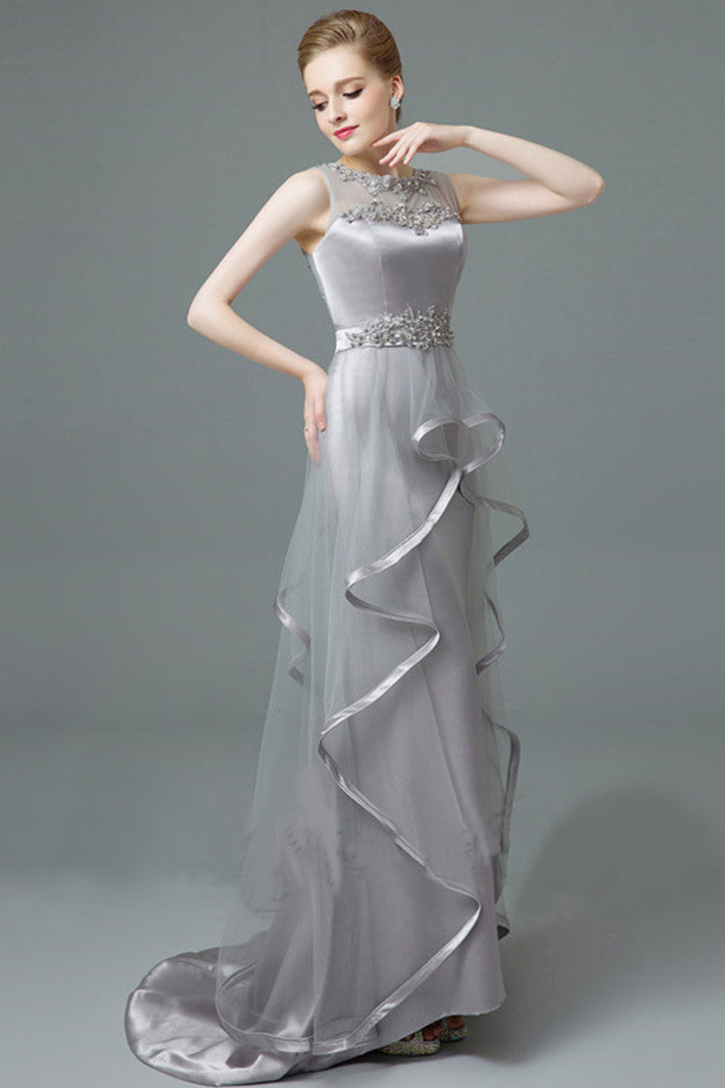 Round Collar Floral Lace Pearl Sheer Mesh Irregular Flare Mesh Long Dress