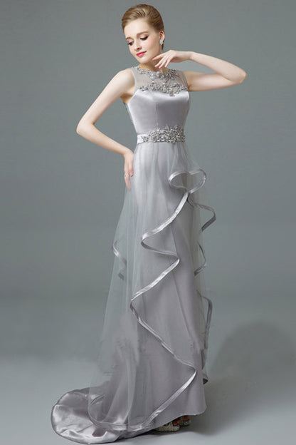 Round Collar Floral Lace Pearl Sheer Mesh Irregular Flare Mesh Long Dress
