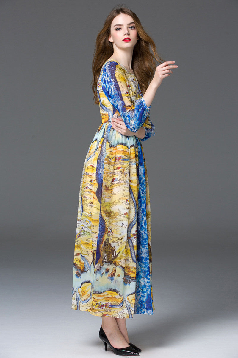 ROUND NECK 3/4 SLEEVE ELEGANT PRINTING VINTAGE LONG DRESS