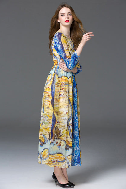 ROUND NECK 3/4 SLEEVE ELEGANT PRINTING VINTAGE LONG DRESS