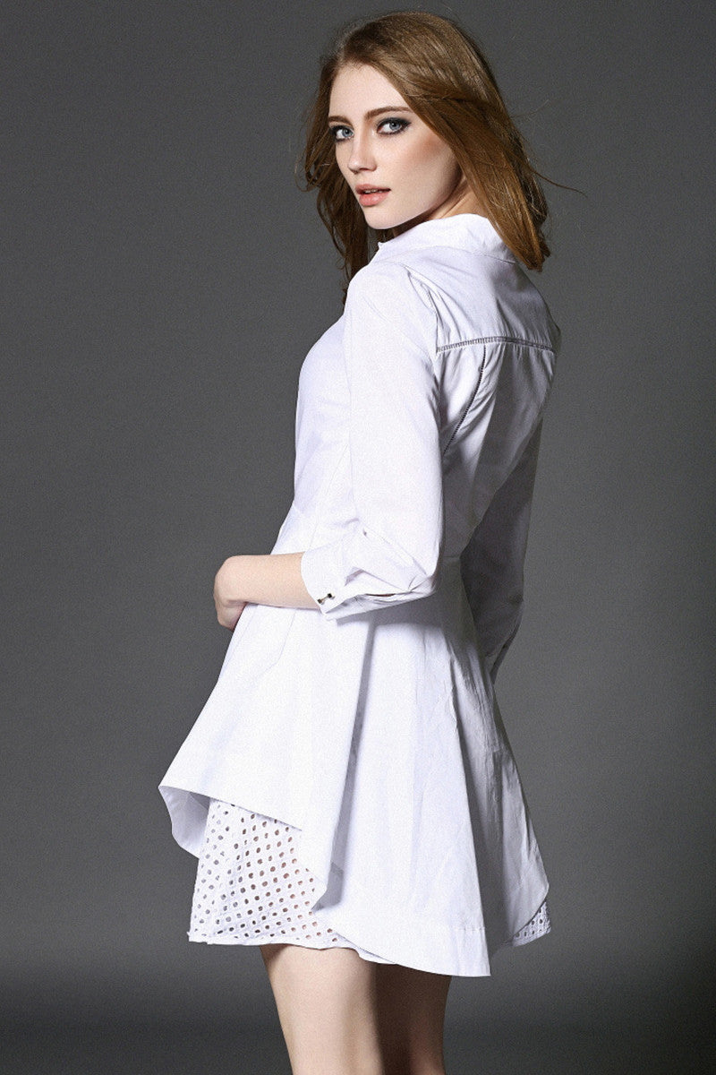 Lapel Neck Tunic Irregular  Ruffle Hemline Shirt Dress