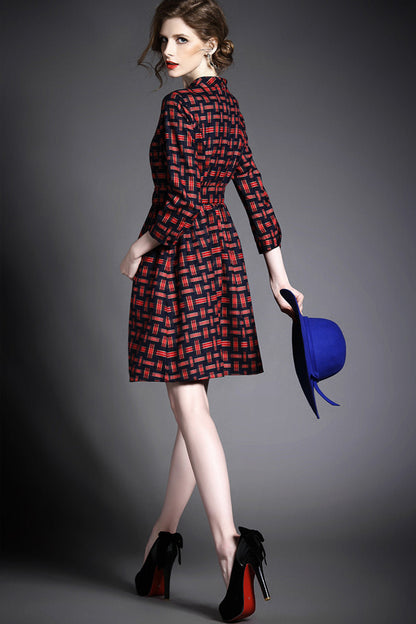 Women's Slim Plaids Dress Long Sleeve Stand Collar Grace Vintage Dress
