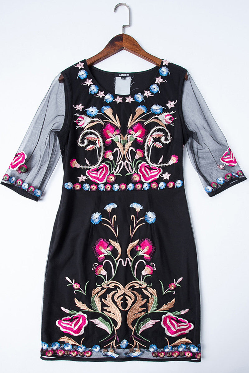 A round collar half lace sleeve black sea embroidery morality vintage thin dress