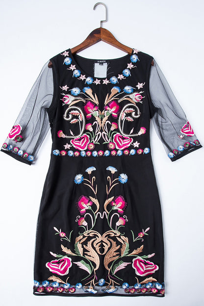 A round collar half lace sleeve black sea embroidery morality vintage thin dress
